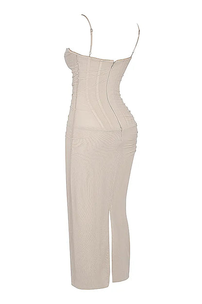 Nalini Sand Stretch Mesh Maxi Dress