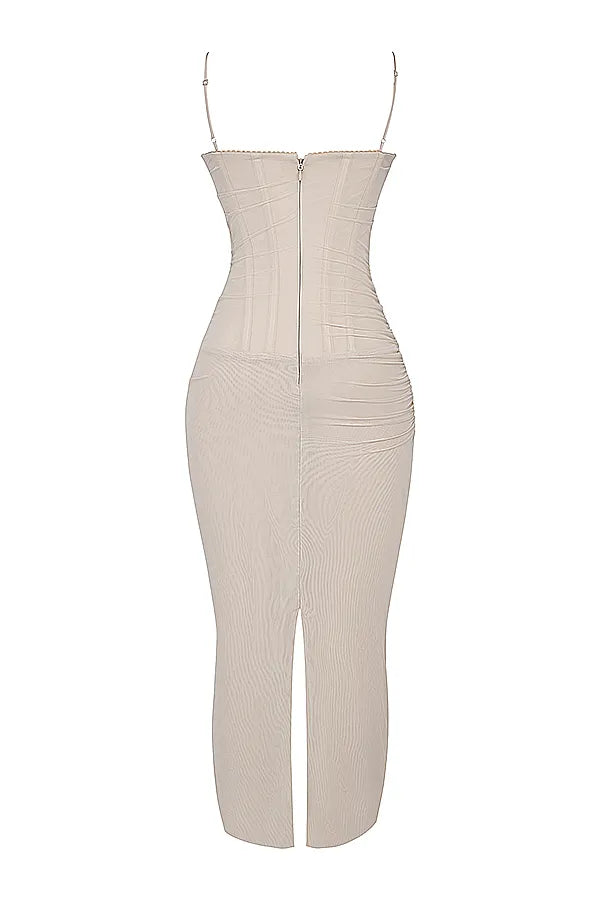 Nalini Sand Stretch Mesh Maxi Dress