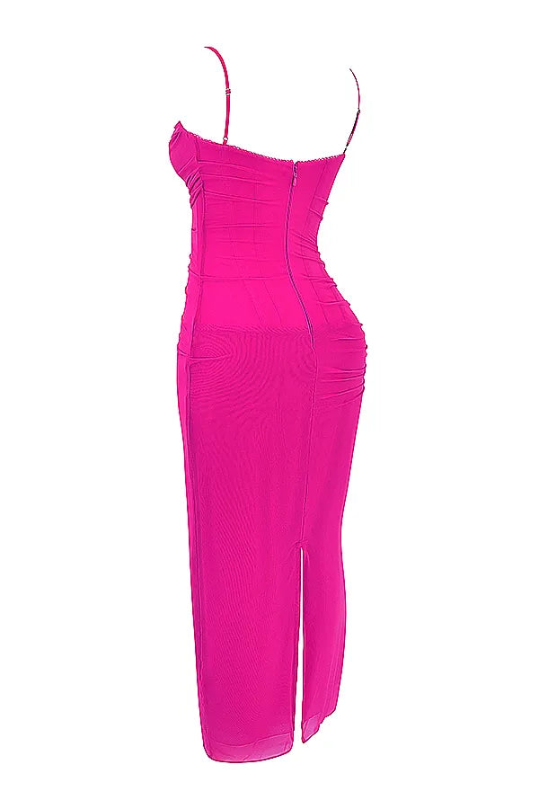 Nalini Fuchsia Stretch Mesh Maxi Dress