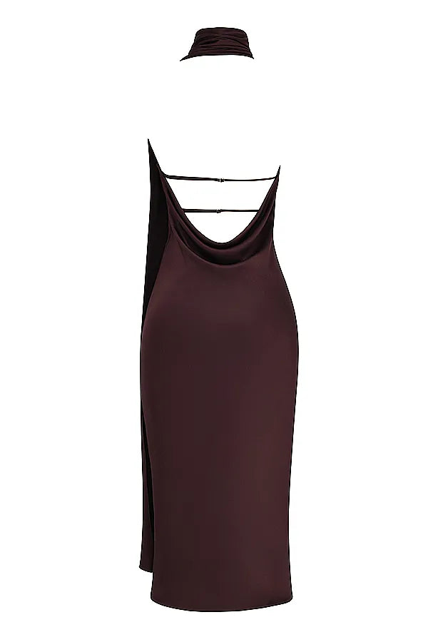Angelina Chocolate Wrap Neck Midi Dress