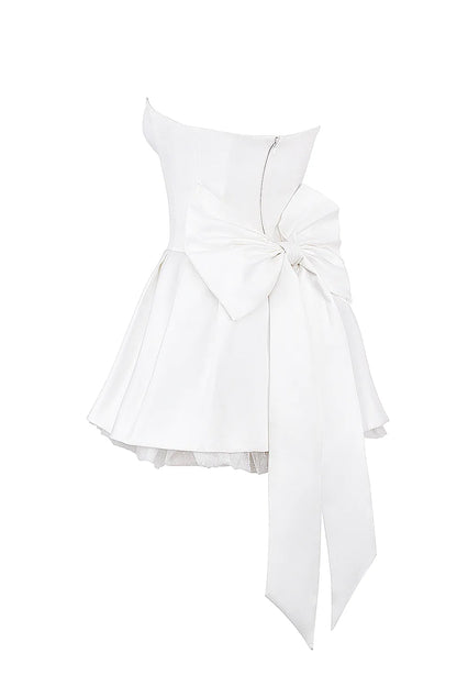 Noele White Satin Strapless Bow Mini Gown