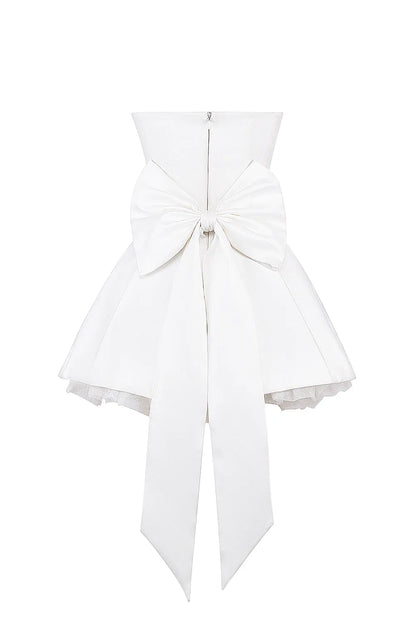 Noele White Satin Strapless Bow Mini Gown