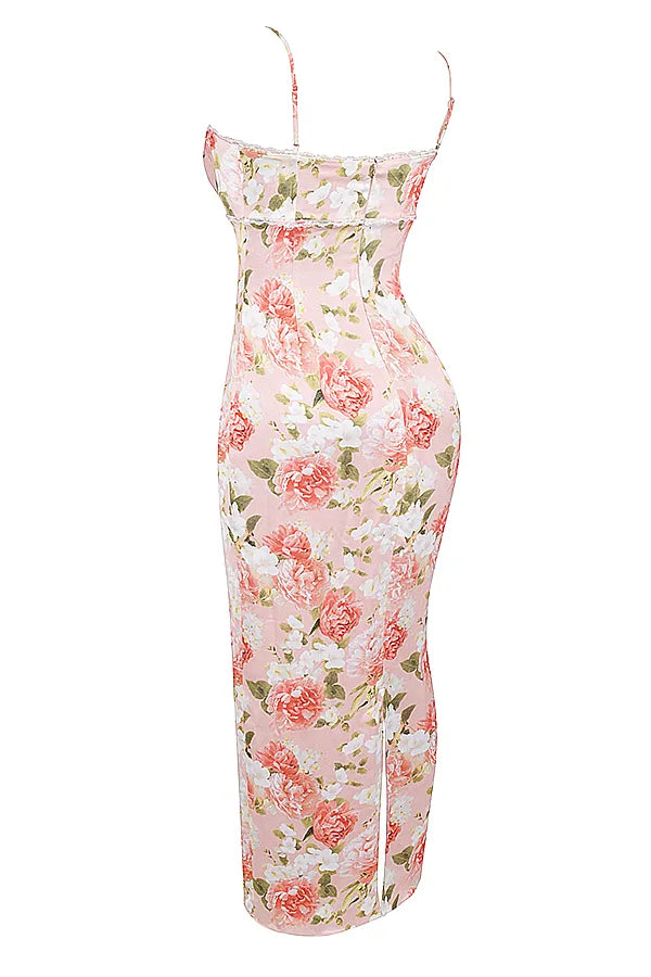 Josefina Pink Peony Print Satin Maxi Dress