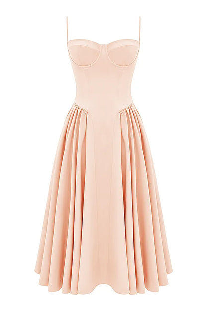 Samaria Peach Parfait Twill Corset Midi Dress