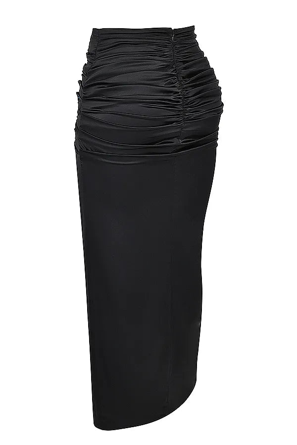 Arla Black Draped Silk Maxi Skirt