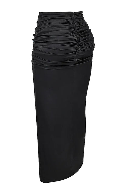 Arla Black Draped Silk Maxi Skirt