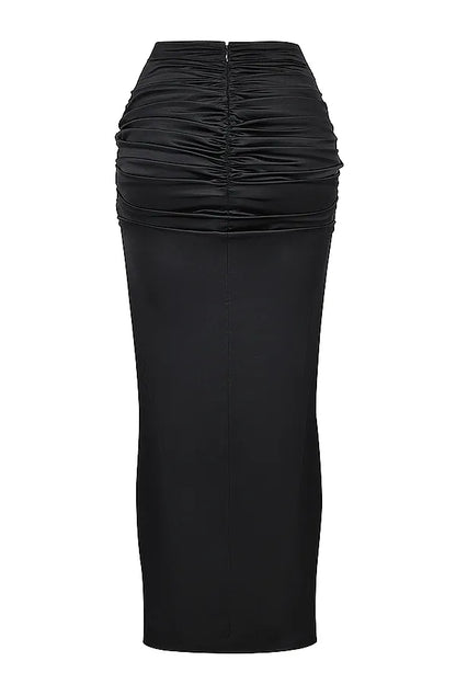 Arla Black Draped Silk Maxi Skirt
