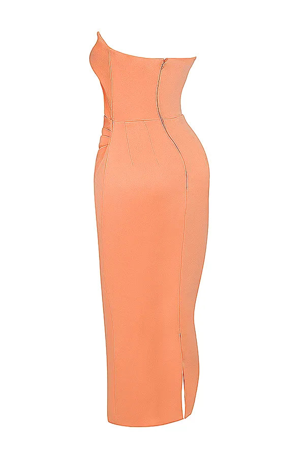 Alora Tangerine Strapless Corset Midi Dress