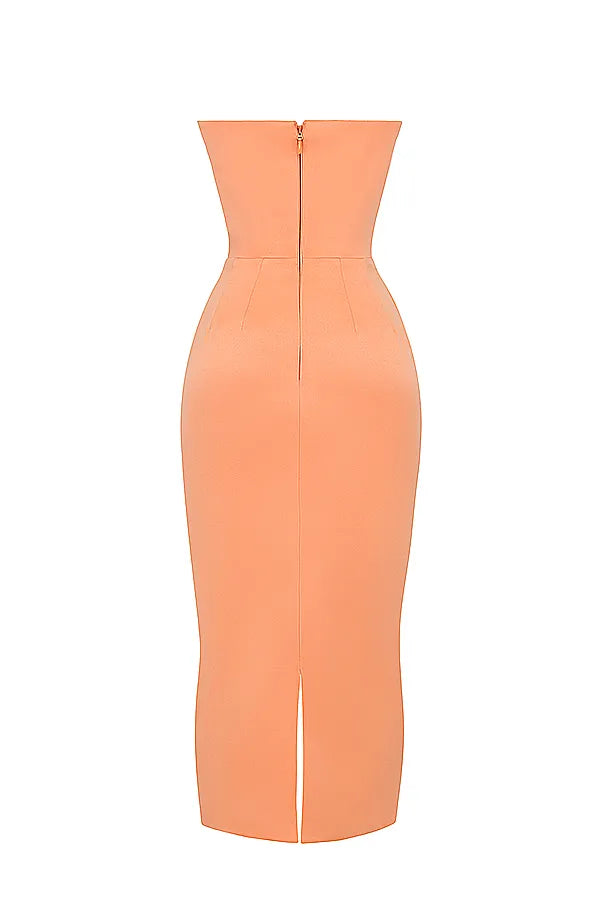 Alora Tangerine Strapless Corset Midi Dress