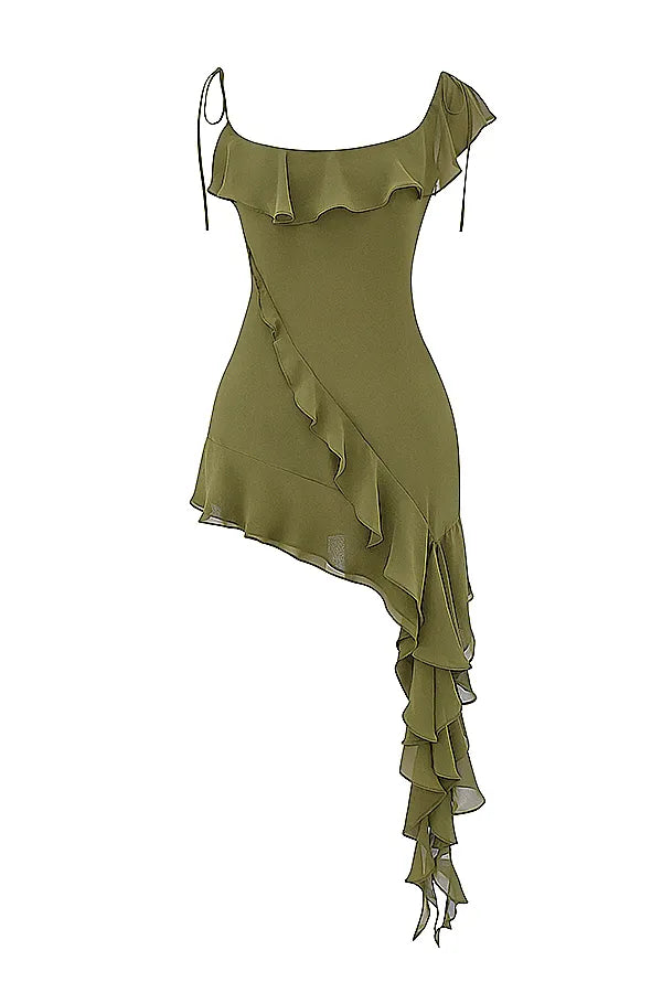 Marcia Olive Ruffle Mini Dress