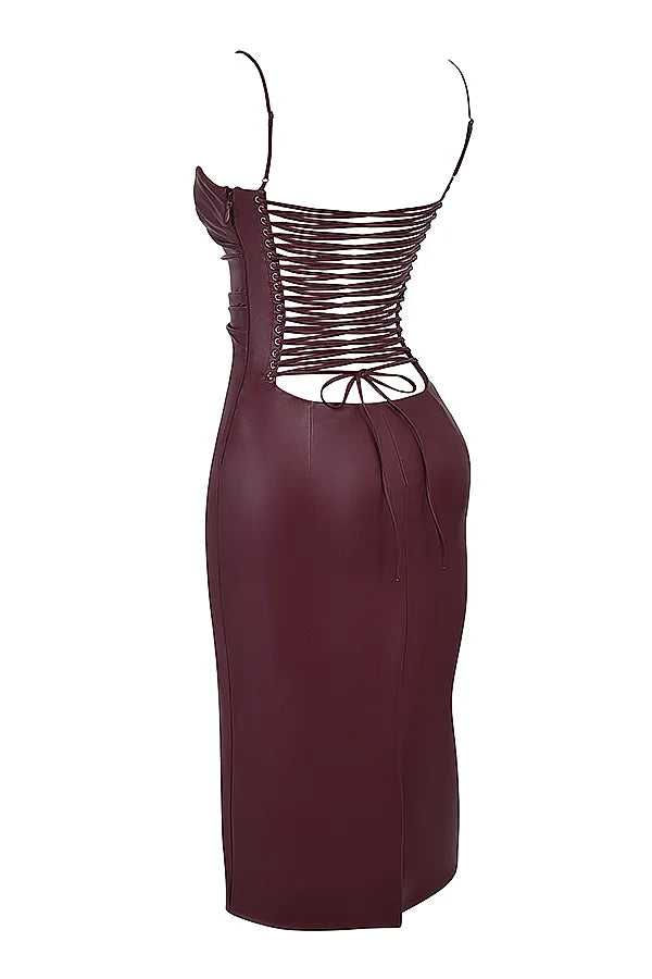 Jalena Mulberry Vegan Leather Lace Back Dress