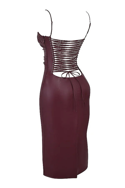 Jalena Mulberry Vegan Leather Lace Back Dress