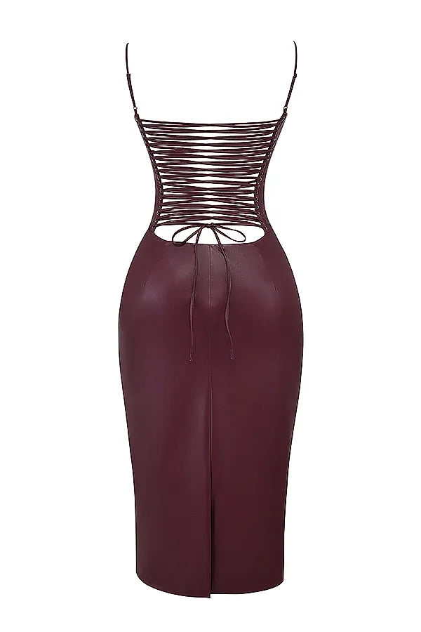 Jalena Mulberry Vegan Leather Lace Back Dress