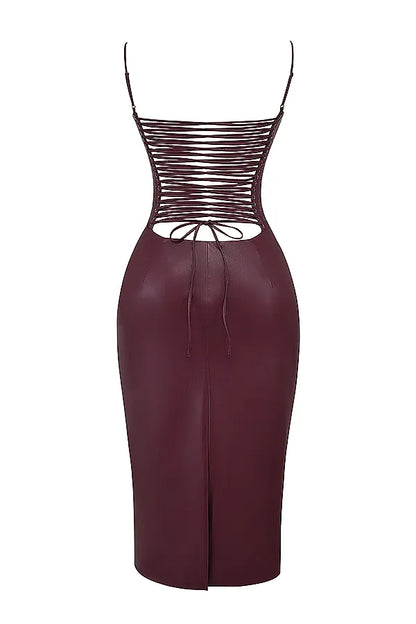 Jalena Mulberry Vegan Leather Lace Back Dress