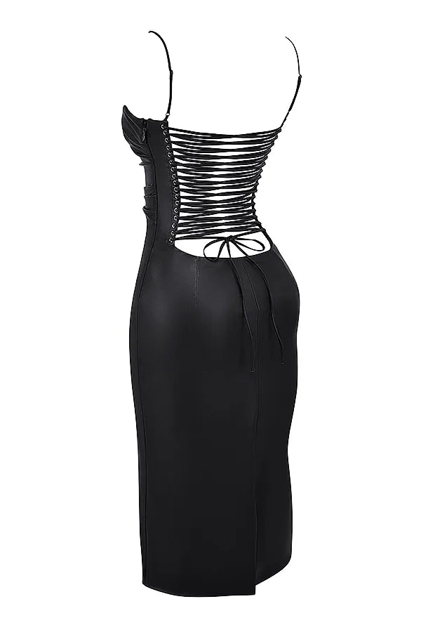 Jalena Black Vegan Leather Lace Back Dress