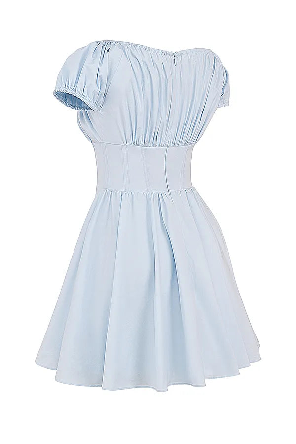 Nala Soft Blue Cotton Gathered Mini Dress