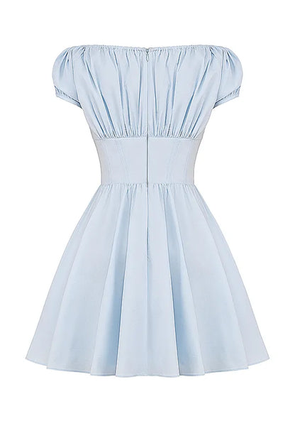 Nala Soft Blue Cotton Gathered Mini Dress