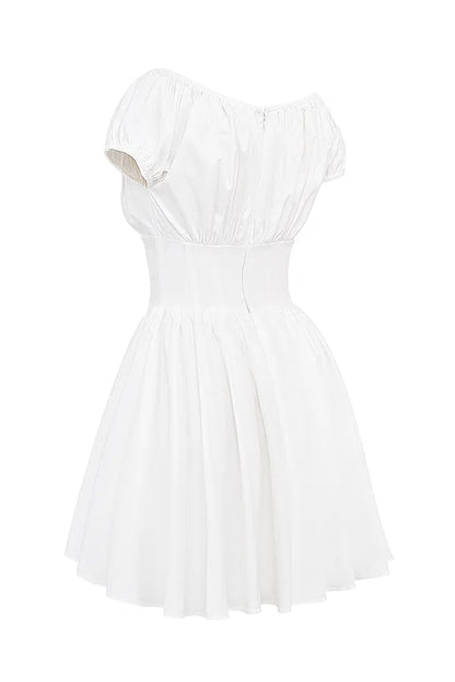 Nala White Cotton Gathered Mini Dress