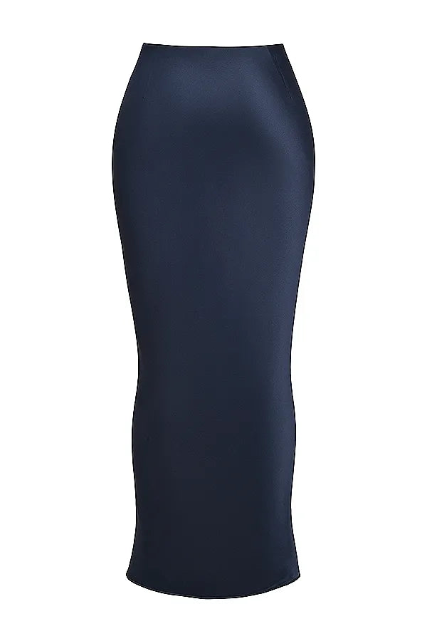 Charlene Navy Satin Bias Cut Maxi Skirt