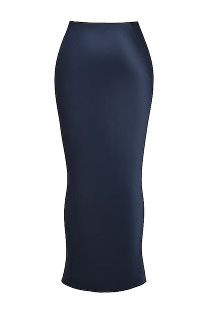 Charlene Navy Satin Bias Cut Maxi Skirt