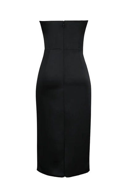 Santana Black Satin Strapless Midi Dress