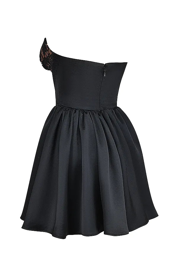 Jadore Black Lace and Satin Strapless Mini Dress