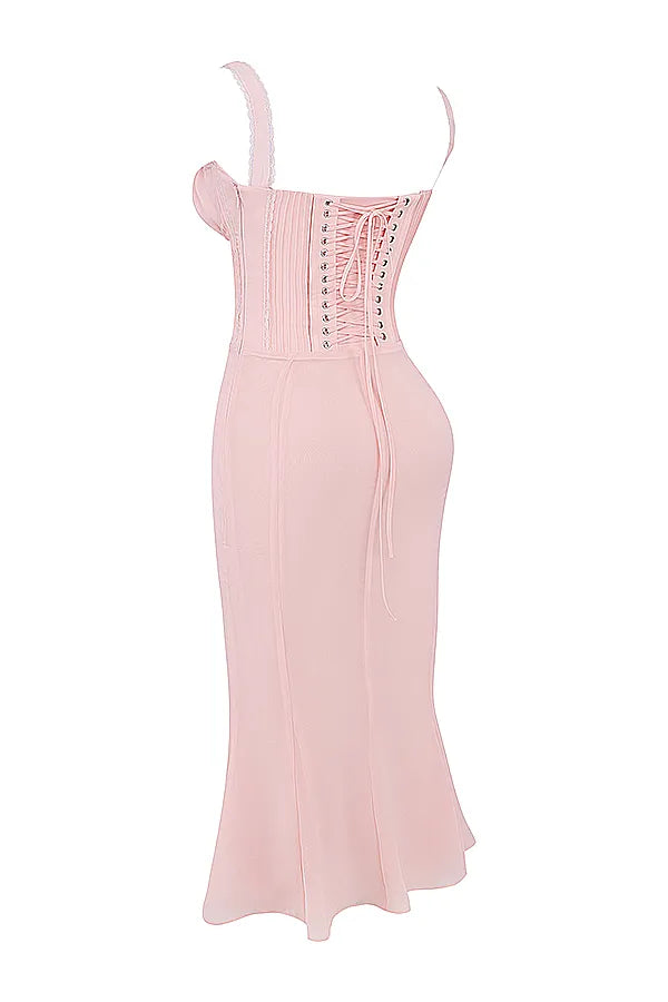 Syrah Soft Peach Lace Back Midi Dress