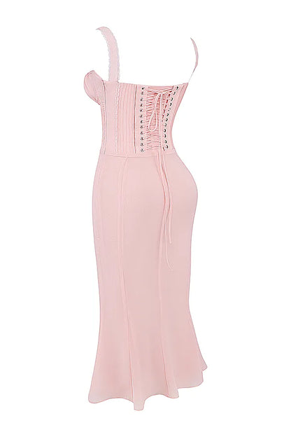 Syrah Soft Peach Lace Back Midi Dress