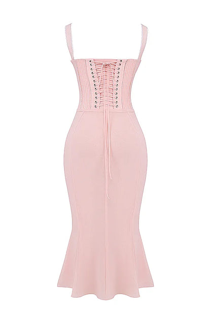 Syrah Soft Peach Lace Back Midi Dress