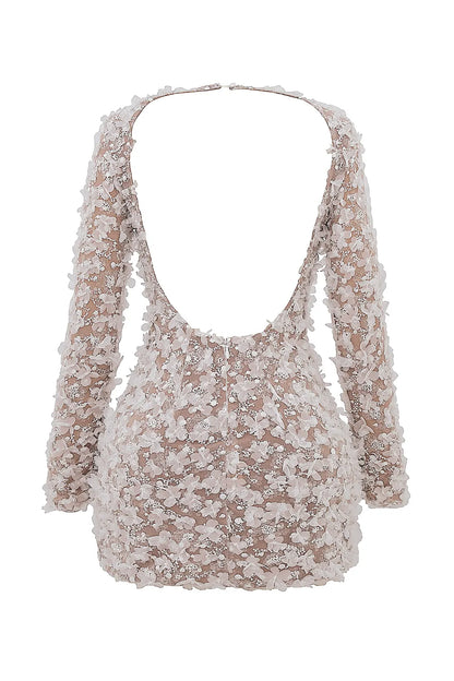 Alize White Floral Appliqué Backless Mini Bridal Gown