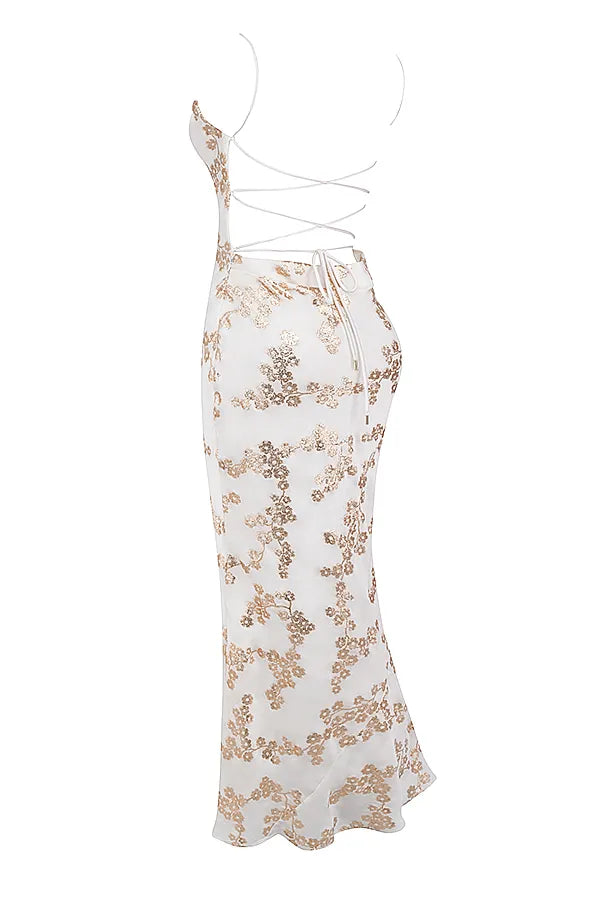 Capriana White & Gold Jacquard Satin Gown