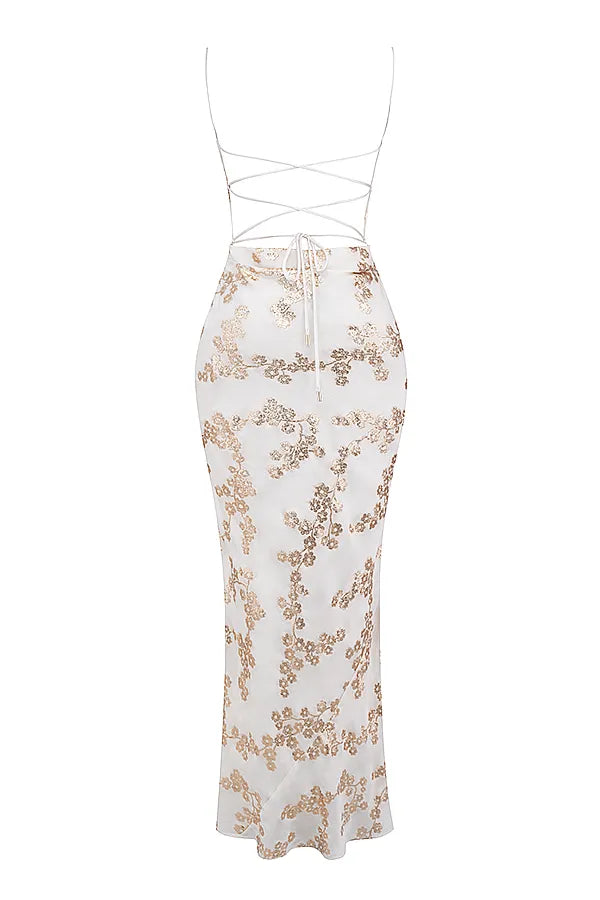 Capriana White & Gold Jacquard Satin Gown
