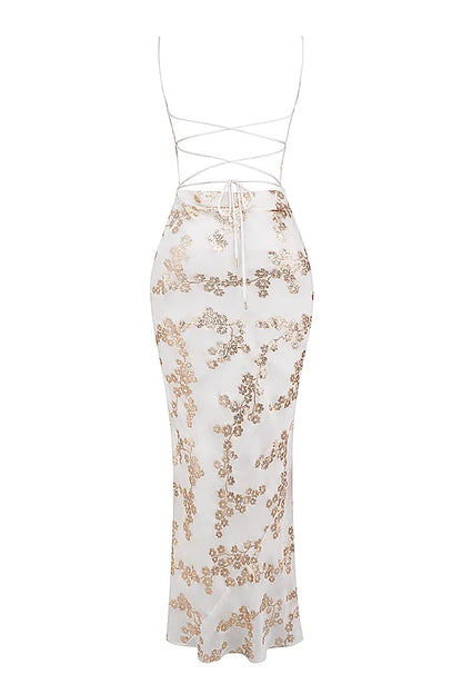 Capriana White & Gold Jacquard Satin Gown