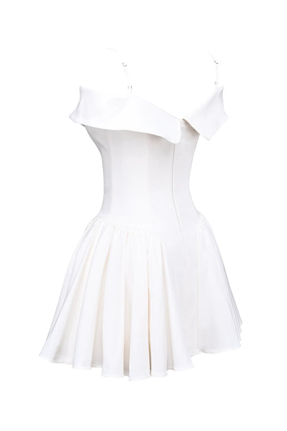 Elida White Twill Off Shoulder Mini Dress