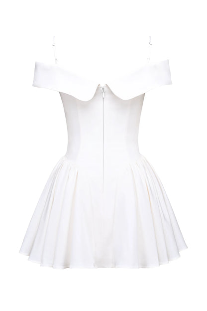 Elida White Twill Off Shoulder Mini Dress