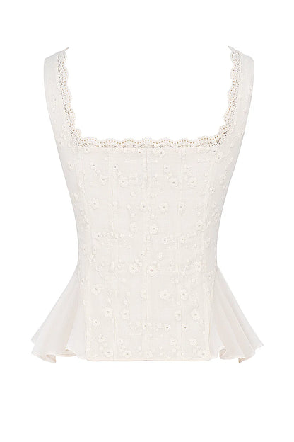 Jean Vintage Cream Cotton Broderie Anglais Peplum Top