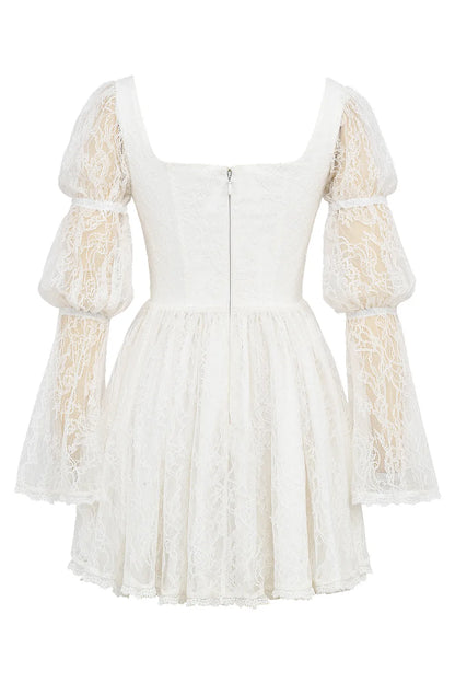 Sancia White Lace Puff Sleeve Mini Dress