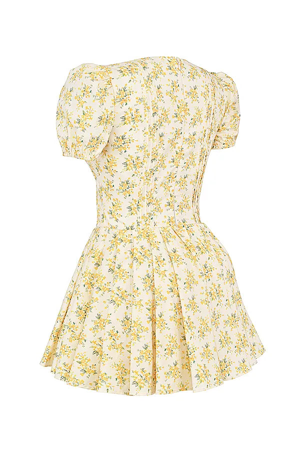 Imani Buttercup Vintage Floral Print Pleated Cotton Mini Dress