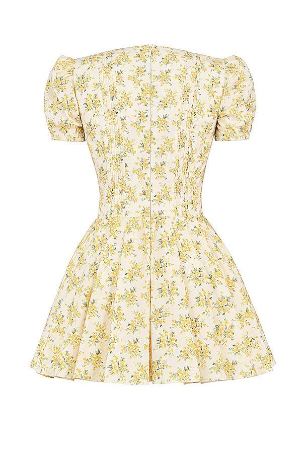 Imani Buttercup Vintage Floral Print Pleated Cotton Mini Dress