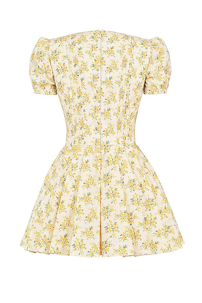 Imani Buttercup Vintage Floral Print Pleated Cotton Mini Dress