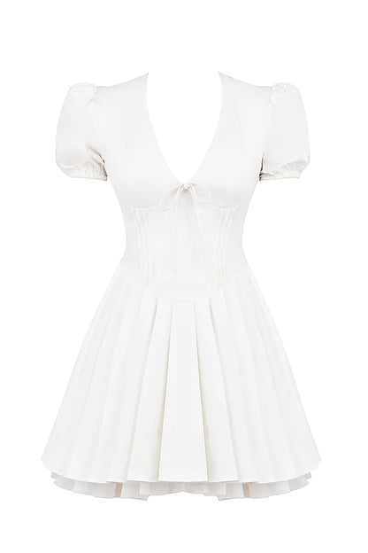 Imani White Pleated Cotton Mini Dress