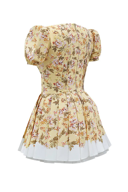 Imani Honeyflower Print Pleated Cotton Mini Dress