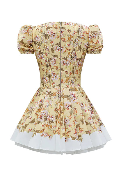Imani Honeyflower Print Pleated Cotton Mini Dress