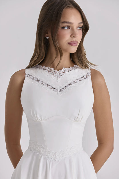 Scarlett White Cotton Lace Trim Waist Cinch Midi Dress