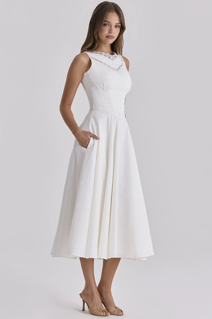 Scarlett White Cotton Lace Trim Waist Cinch Midi Dress
