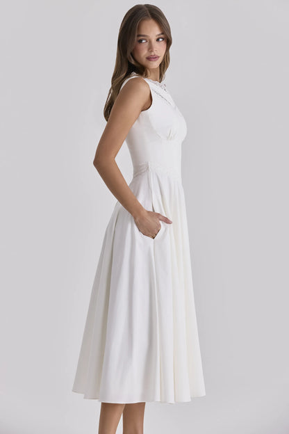 Scarlett White Cotton Lace Trim Waist Cinch Midi Dress