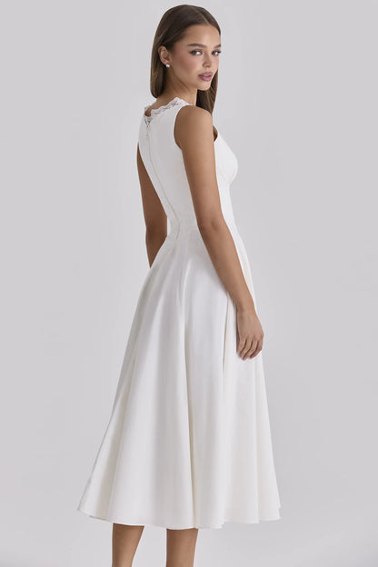 Scarlett White Cotton Lace Trim Waist Cinch Midi Dress