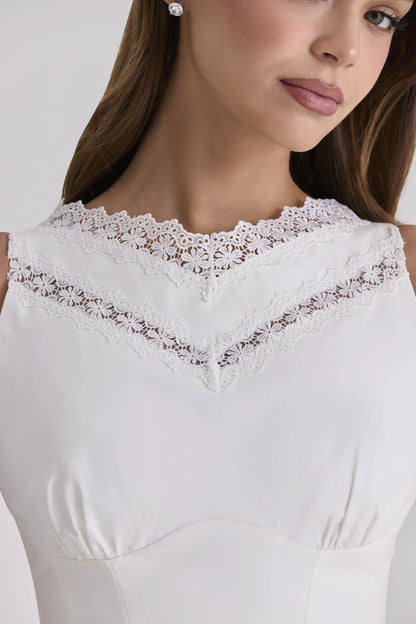 Scarlett White Cotton Lace Trim Waist Cinch Midi Dress