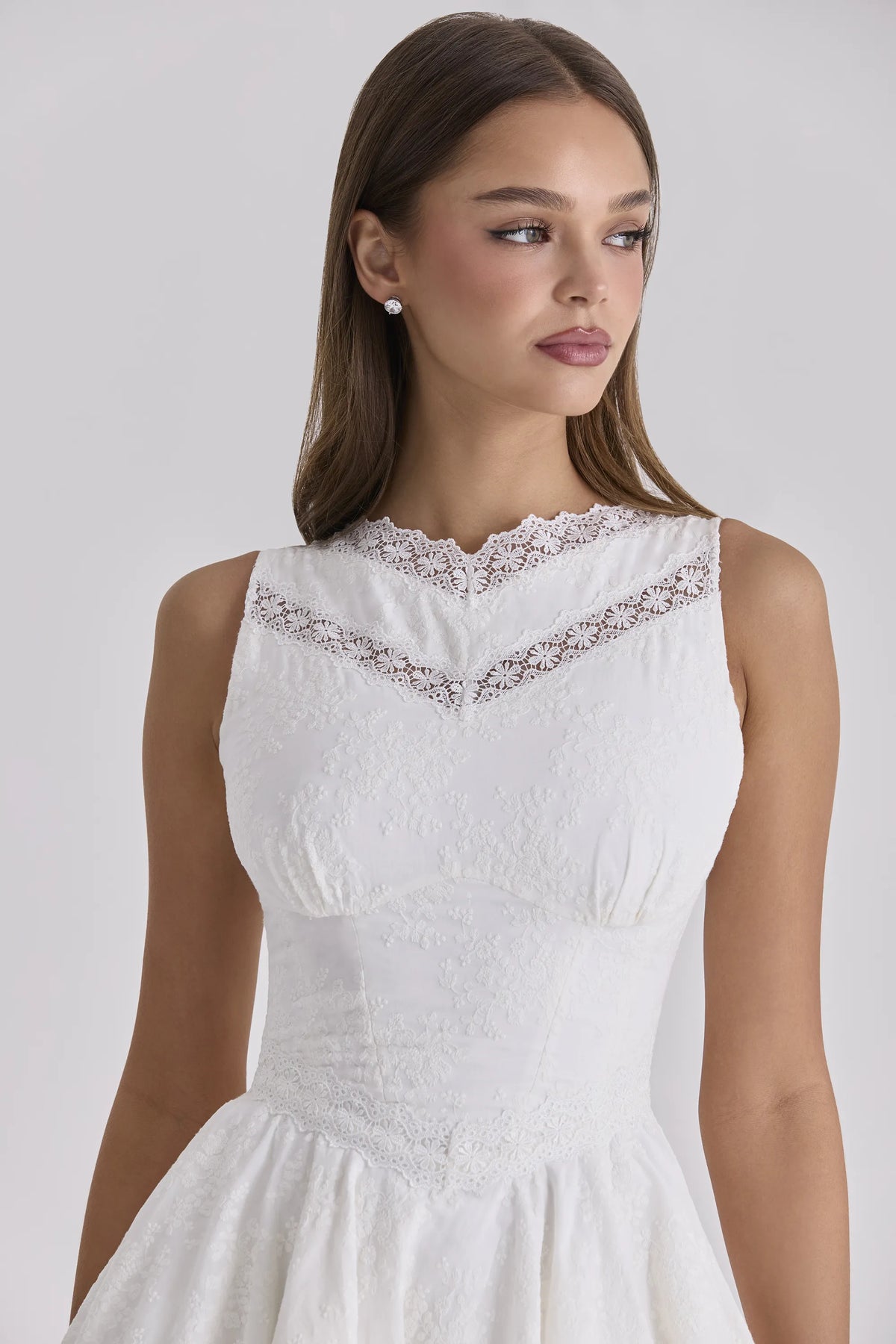 Scarlett White Embroidered Cotton Lace Trim Mini Dress