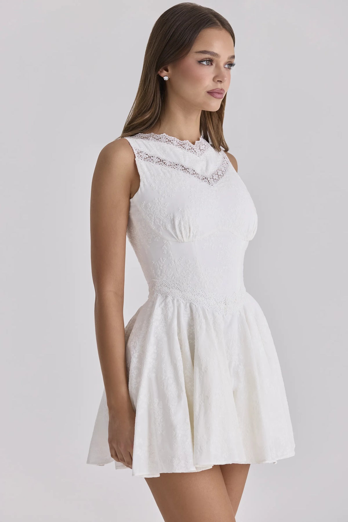 Scarlett White Embroidered Cotton Lace Trim Mini Dress